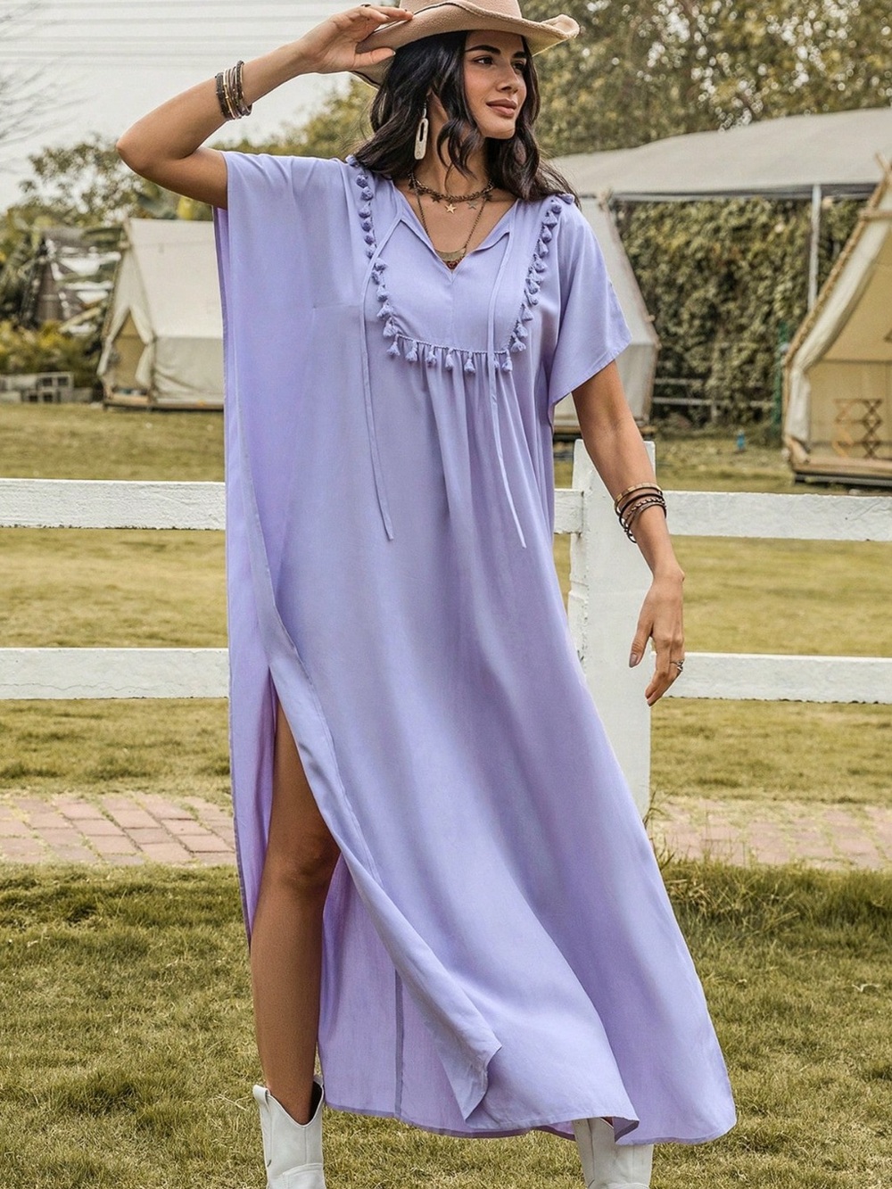 💜Hello Gorgeous! Tassel Side Slit Tie Neck Flutter Sleeve Dress - Lavender